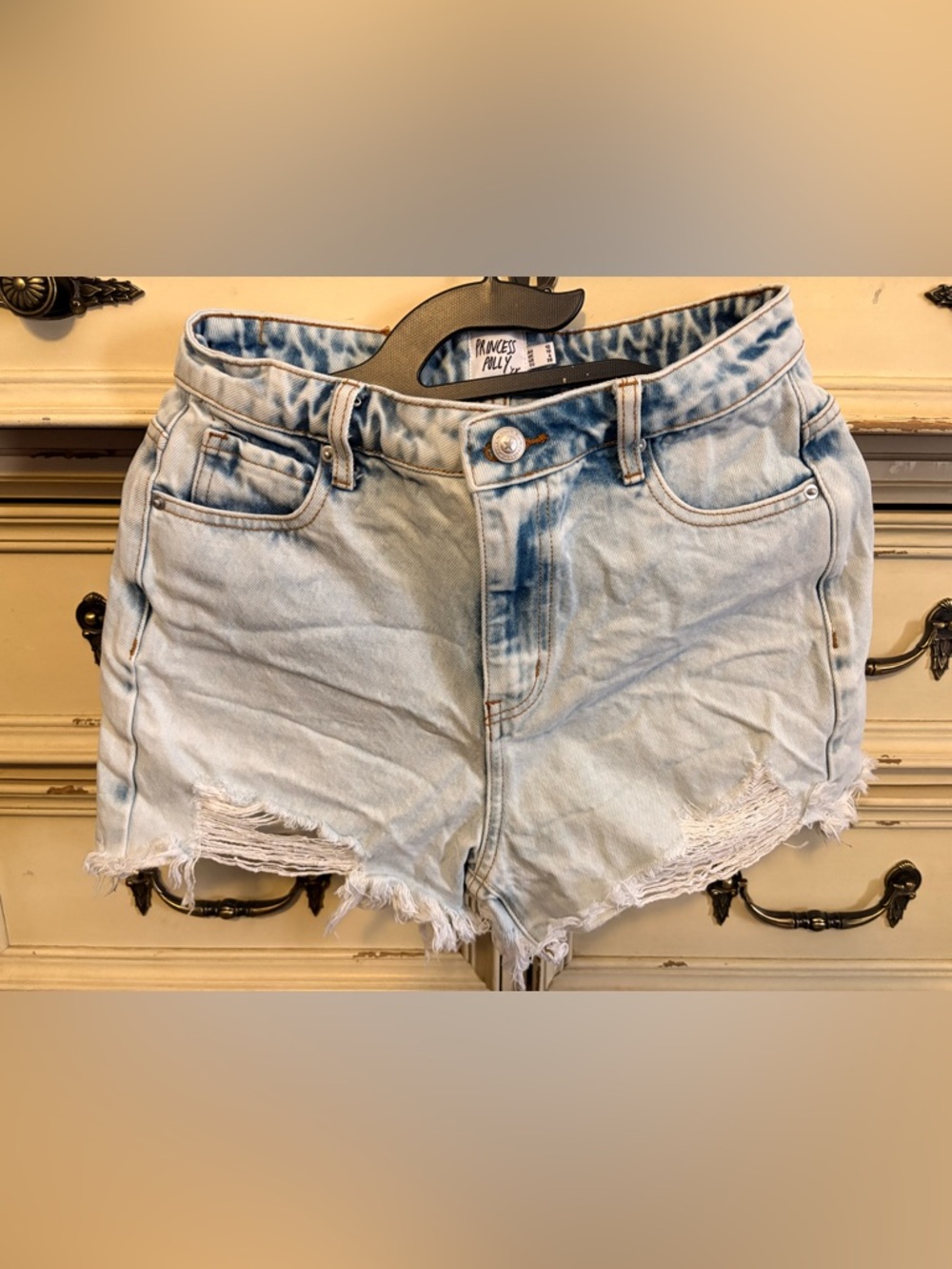 Princess Polly Light Blue High-Rise Frayed Denim Shorts Size 6